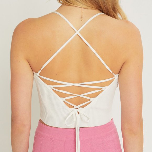 NEW White Halter V Neck Sexy Laced Up Open Back Stretchy Rib Knit Crop Top - Picture 5 of 10